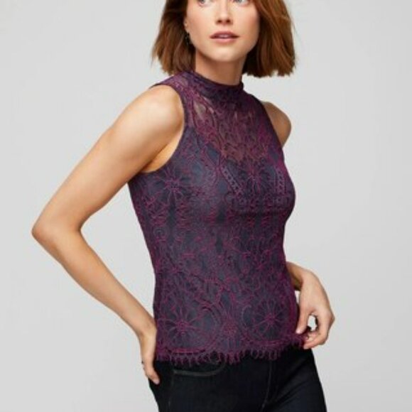 White House Black Market Two-Tone Lace Shell Top Sleeveless High Neck Size 14 - Picture 1 of 11